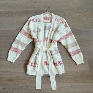 Pink/Beige/White Fair Isle Cardigan with Sash Belt